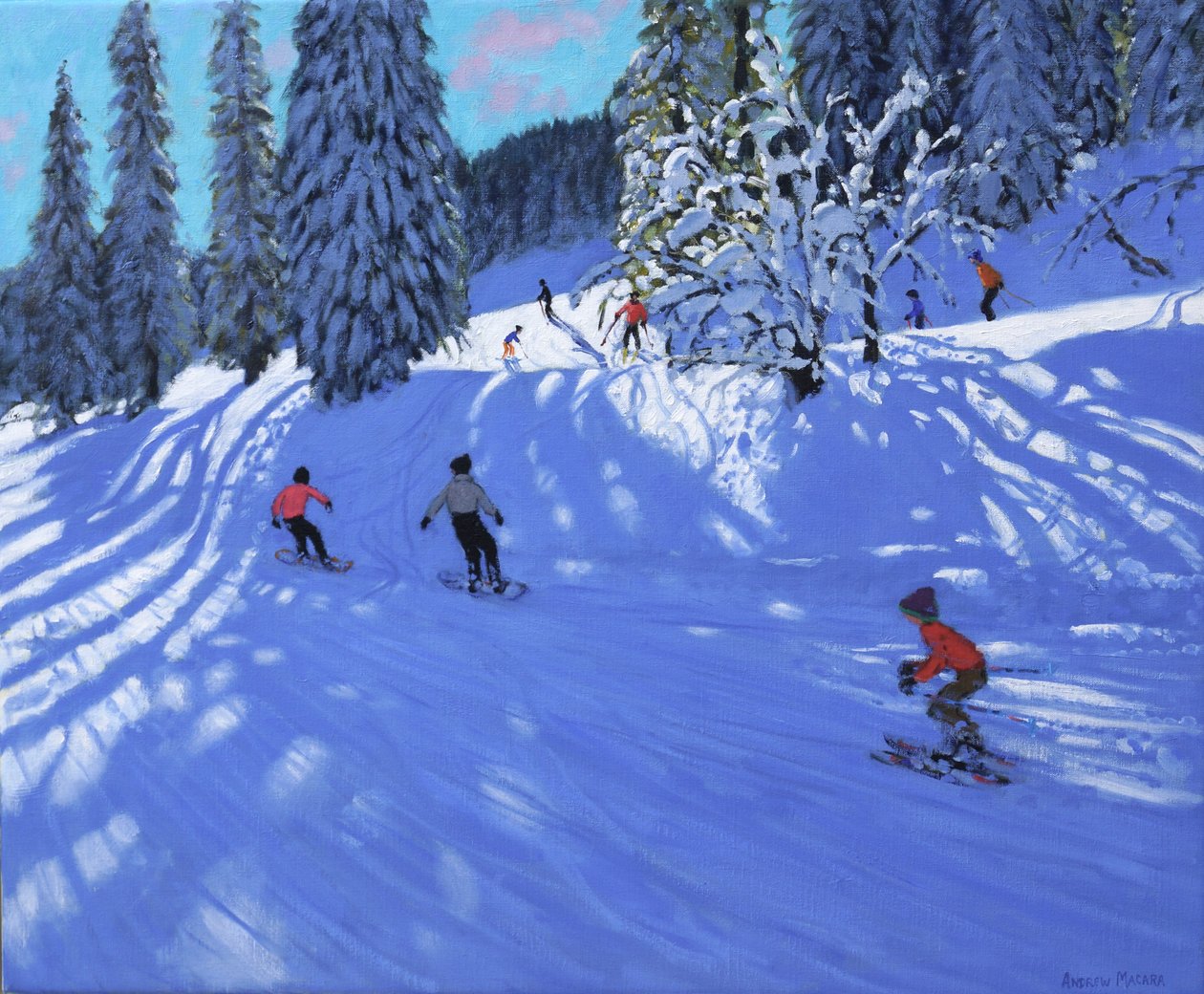 Snowboardosok és síelők, Morzine, Franciaország, 2022 (olaj, vászon) alkotó: Andrew Macara