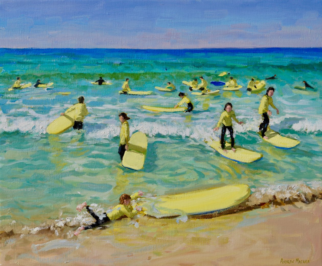Nyári szörfözés, St Ives. 25x30",2019 (olaj, vászon) alkotó: Andrew Macara
