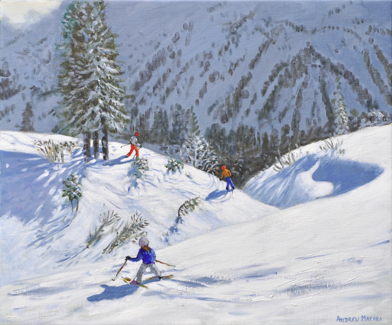 Három síelő, Kitzbühel, Ausztria, 2024 (olaj, vászon) alkotó: Andrew Macara