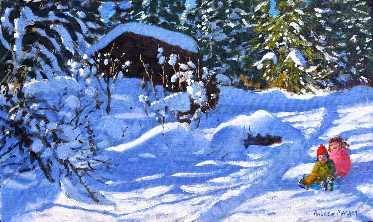 Ketten egy szánon,A gyümölcsös,Morzine,(olaj, vászon) alkotó: Andrew Macara