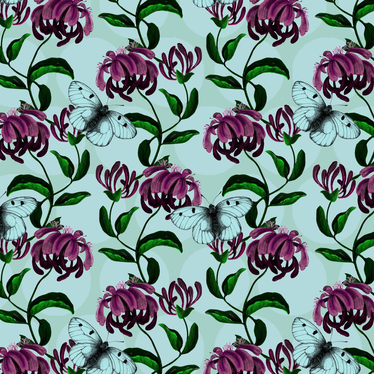 Honeysuckle felhős Apollo pillangóval, 2017, tinta és digitális alkotó: Andrew Watson