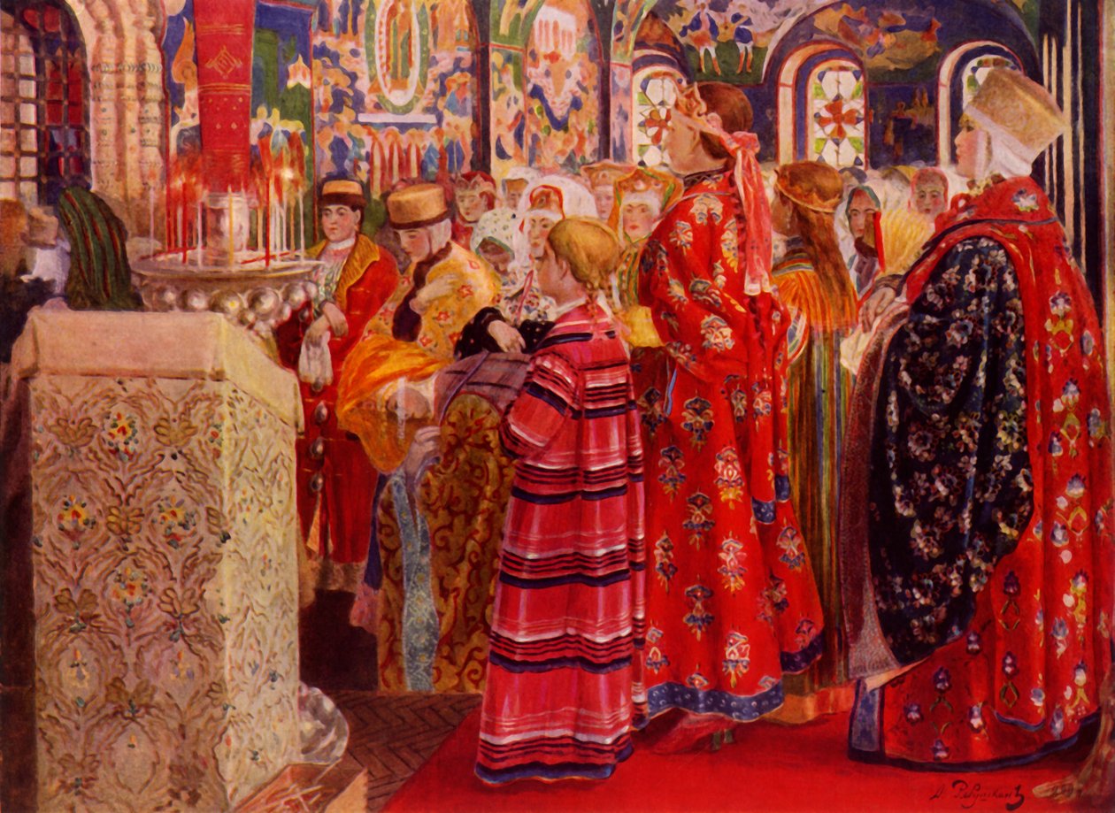 „A 17. század orosz női a templomban”, 1899, 1965. alkotó: Andrey Ryabushkin
