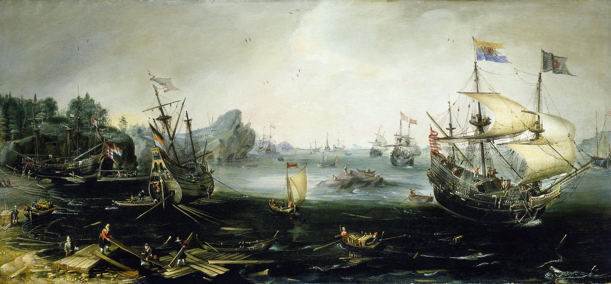Holland hajók fát rakodnak egy skandináv fjordba. Andries van Eertvelt (1590-1652) olajfestménye. alkotó: Andries van Eertvelt