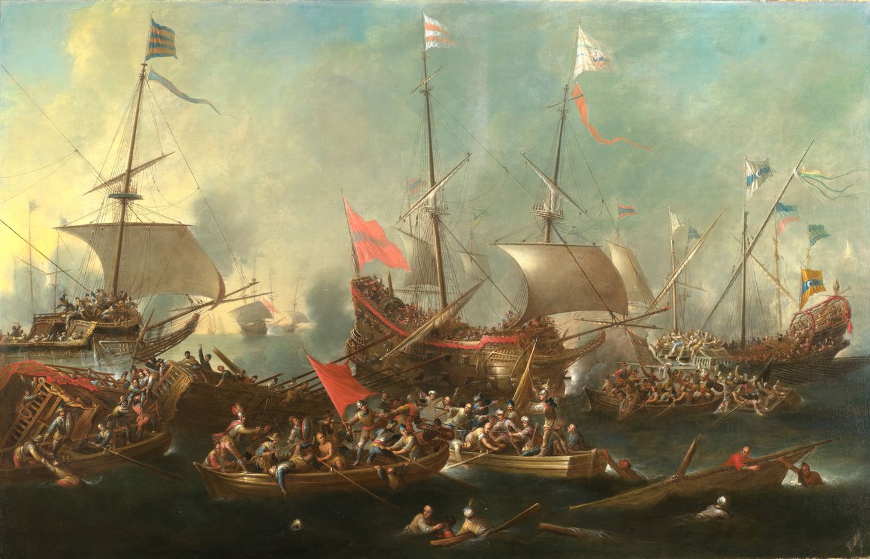 A lepantói csata – Tengeri csata keresztények és Barbary Corsairs között, 1615-20. alkotó: Andries van Eertvelt