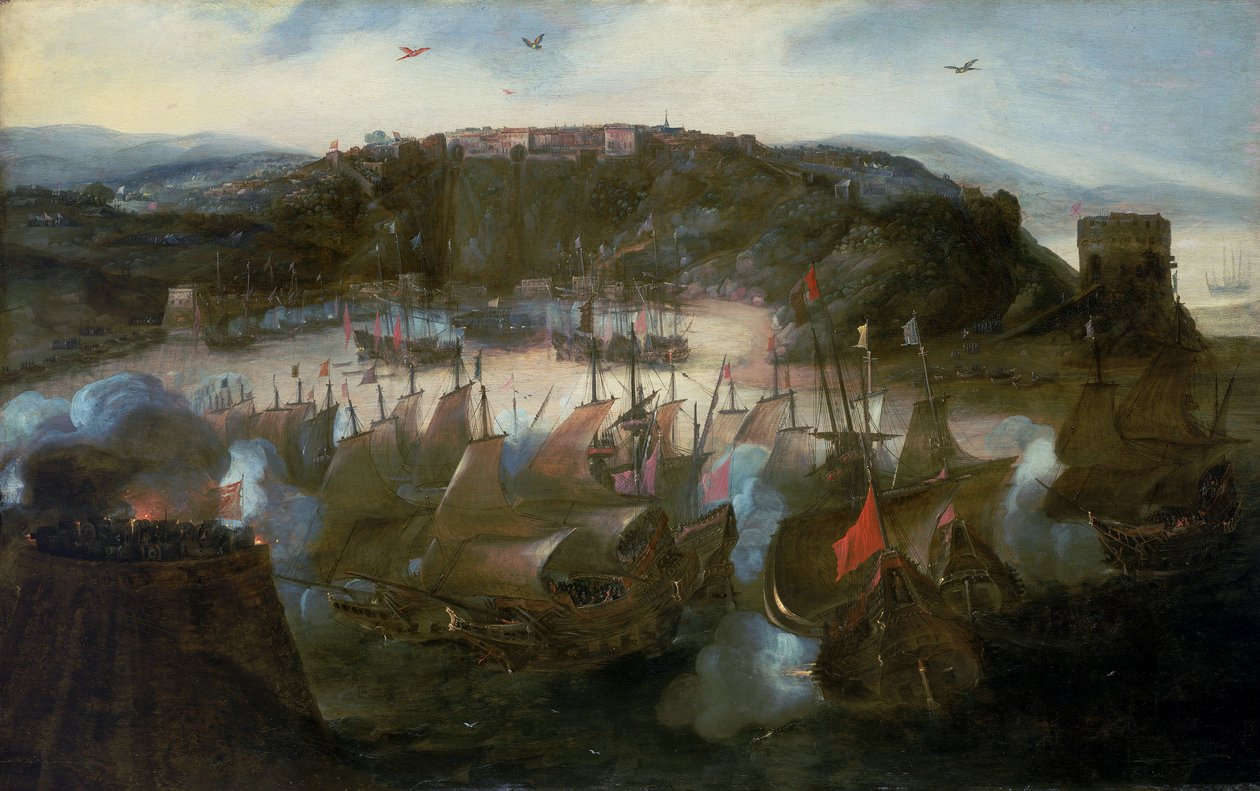 San Salvador (vagy Bahia, a mai Salvador, Brazília) megtámadása a holland flotta által 1624-ben. alkotó: Andries van Eertvelt