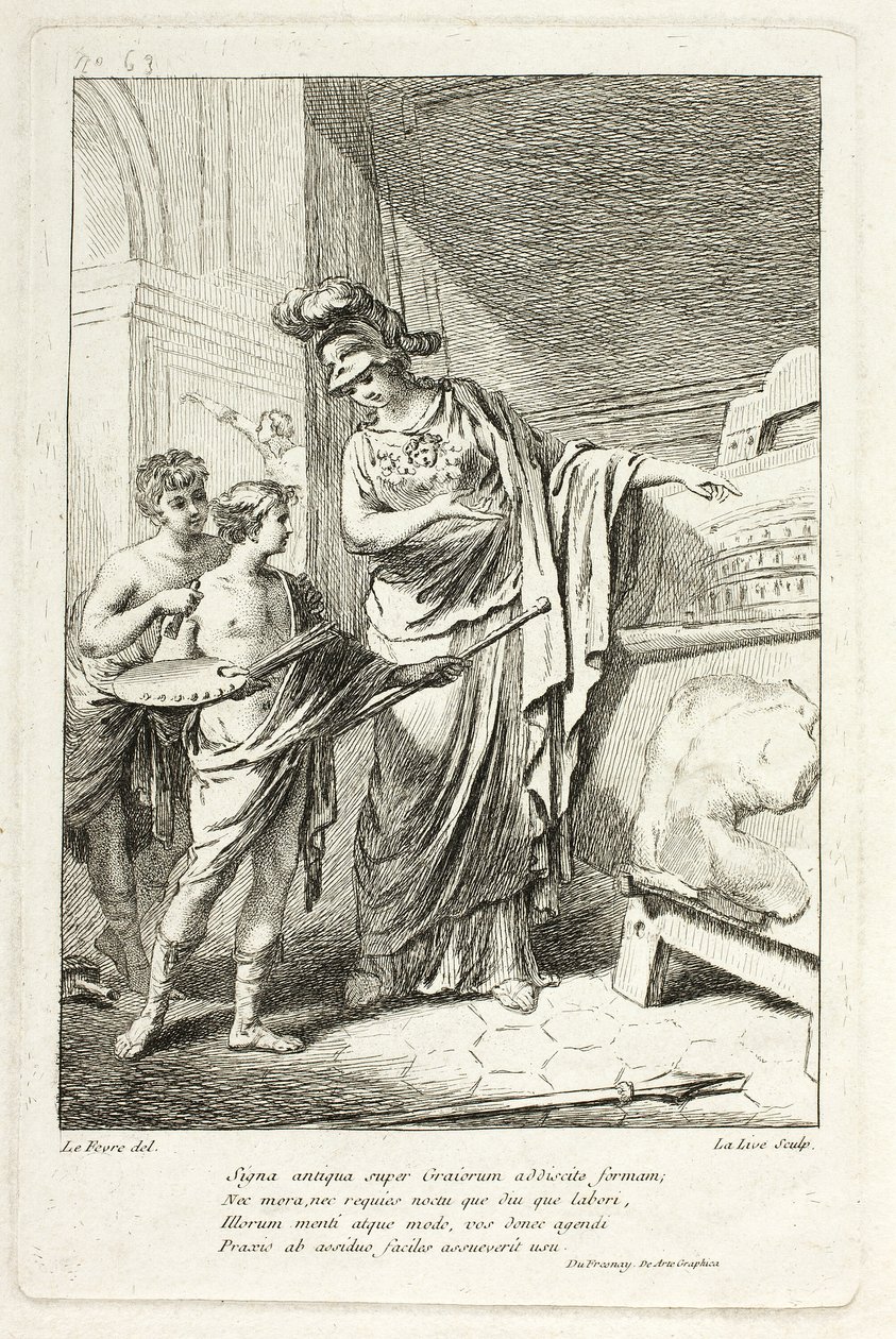 Minerva Tanít egy fiatal művészt, illusztráció a Catalog historique du Cabinethez, Mariette alkotó: Ange Laurent de Lalive de Jully