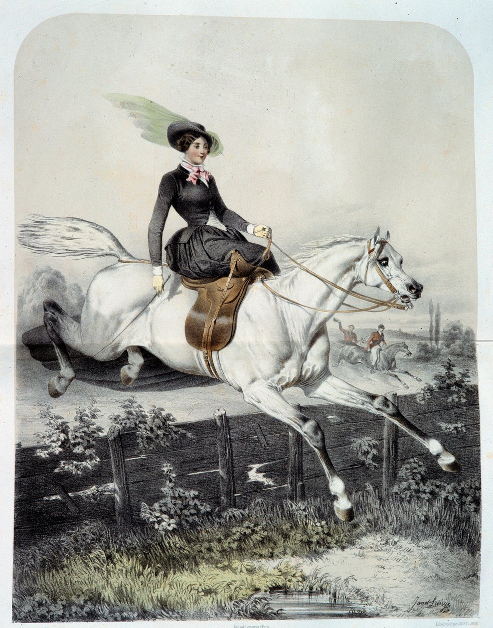 Egy fiatal lovas az Amazonasban, ugrás a sorompón Litográfia – Ange Louis Jawe Lange (1815-1872) 19. századi magángyűjtemény alkotó: Ange Louis Janet