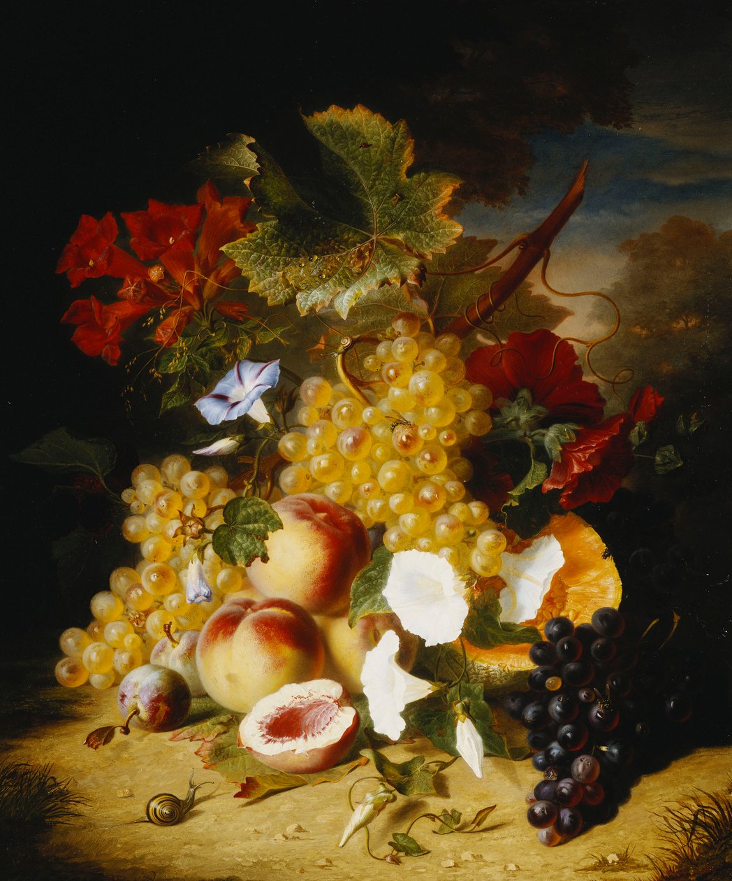 Őszibarack, szőlő, sárgadinnye, görcsök és más virágok egy tájban, alkotó: Ange Louis Guillaume Lesourd Beauregard