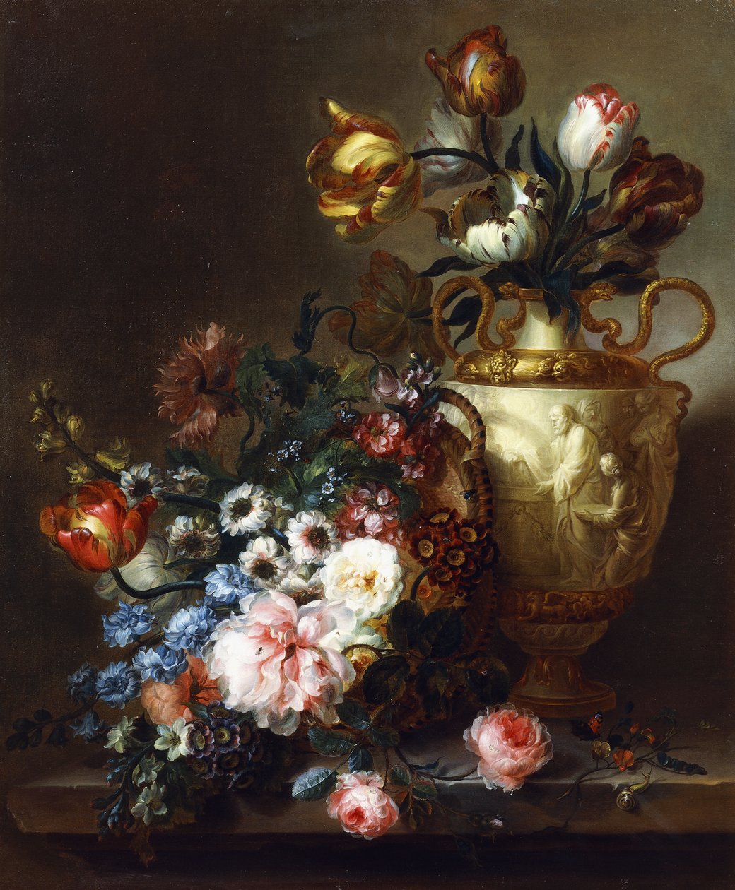Tulipánok a vázában és rózsák a kosárban a kőpárkányon, alkotó: Ange Louis Guillaume Lesourd Beauregard