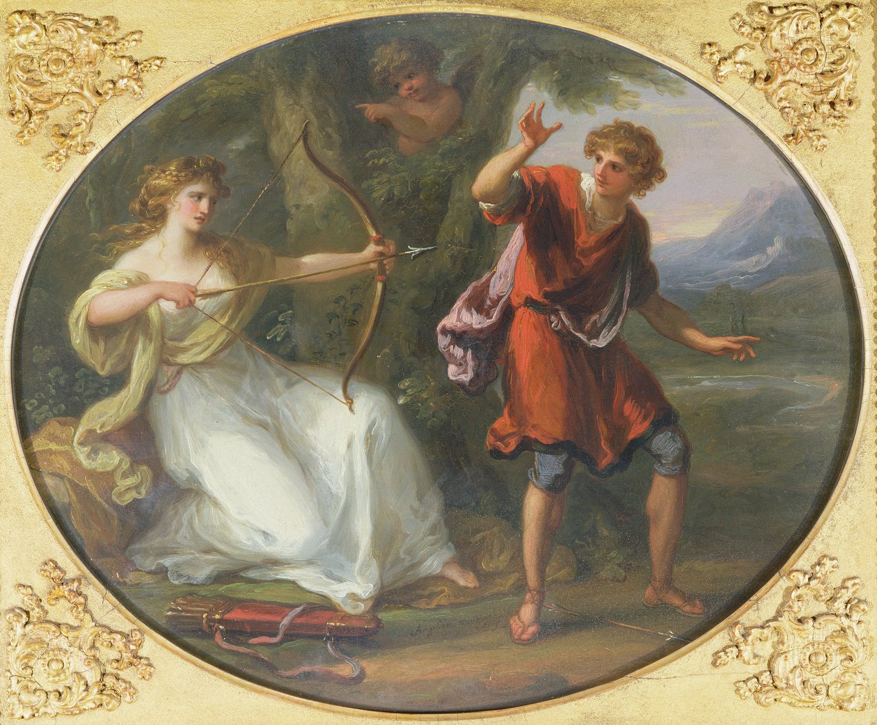 Egy nimfa, aki íját rajzol egy ifjúra, 1780 (olaj rézre) alkotó: Angelica Kauffmann