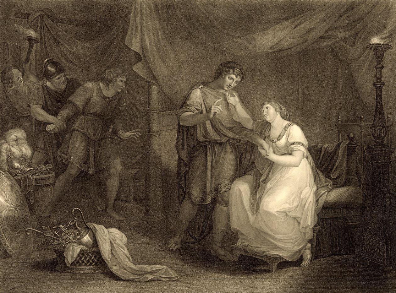 Calchas sátrában, V. felvonás, II. jelenet, William Shakespeare (1564-1616) „Troilus és Cressida” című művéből, Luigi Schiavonetti (1765-1810) metszetében alkotó: Angelica Kauffmann