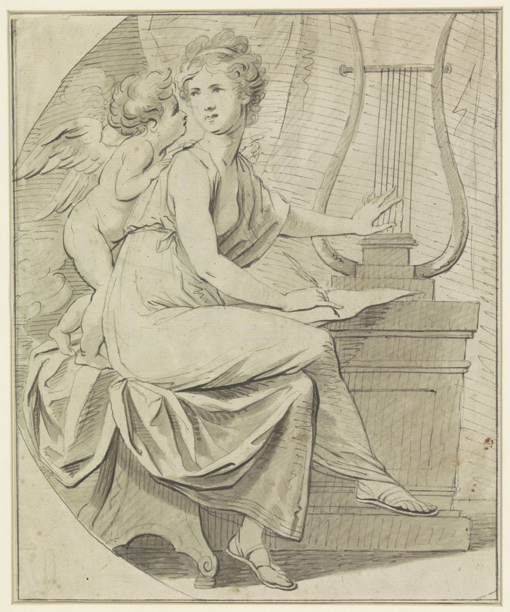 Amor egy fiatal nőt inspirál, aki egyik kezével lírát penget, a másikkal ír alkotó: Angelica Kauffmann