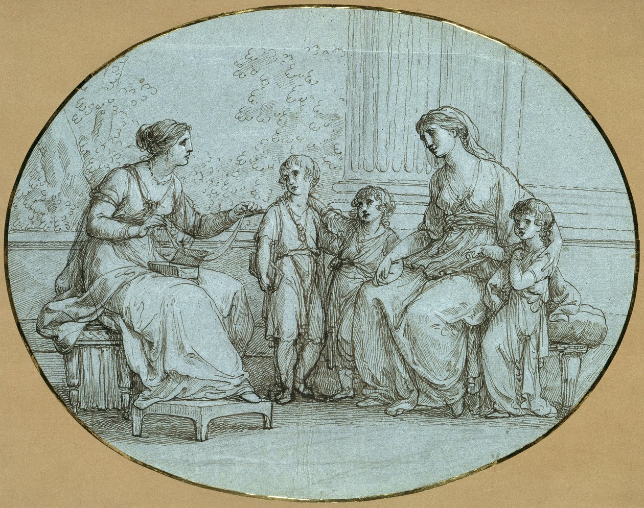 Cornelia, a Gracchusok anyja (jobbra) egy gazdag római nővel szemben ül, akinek három gyermekét legdrágább kincseként mutatja meg alkotó: Angelica Kauffmann