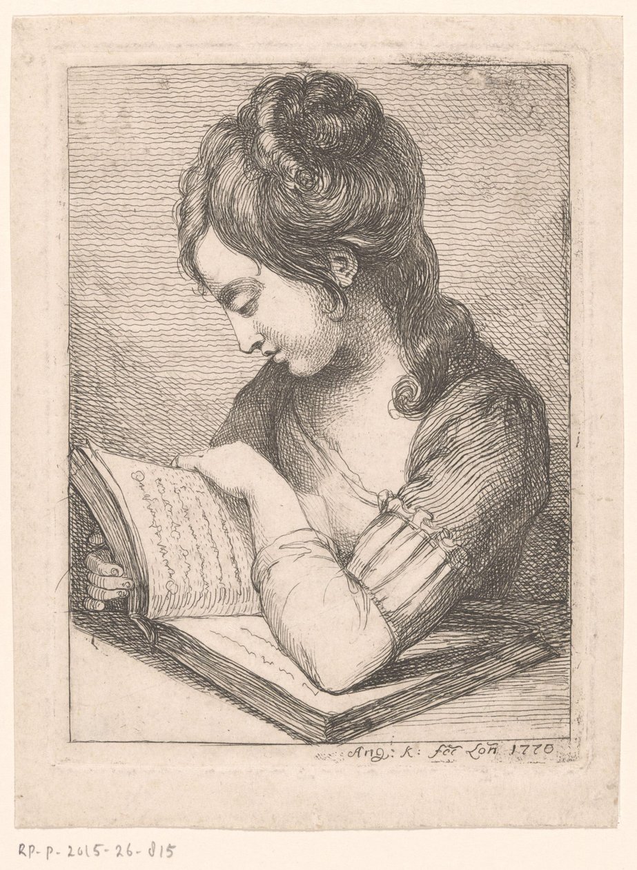 Fiatal nő egy asztalnál olvas, könyökével egy könyvön pihen alkotó: Angelica Kauffmann
