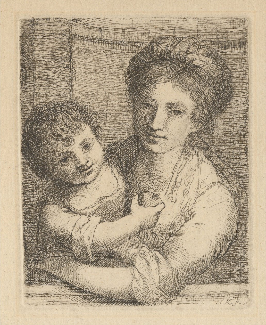 Almát tartó gyermeket ölelő anya alkotó: Angelica Kauffmann