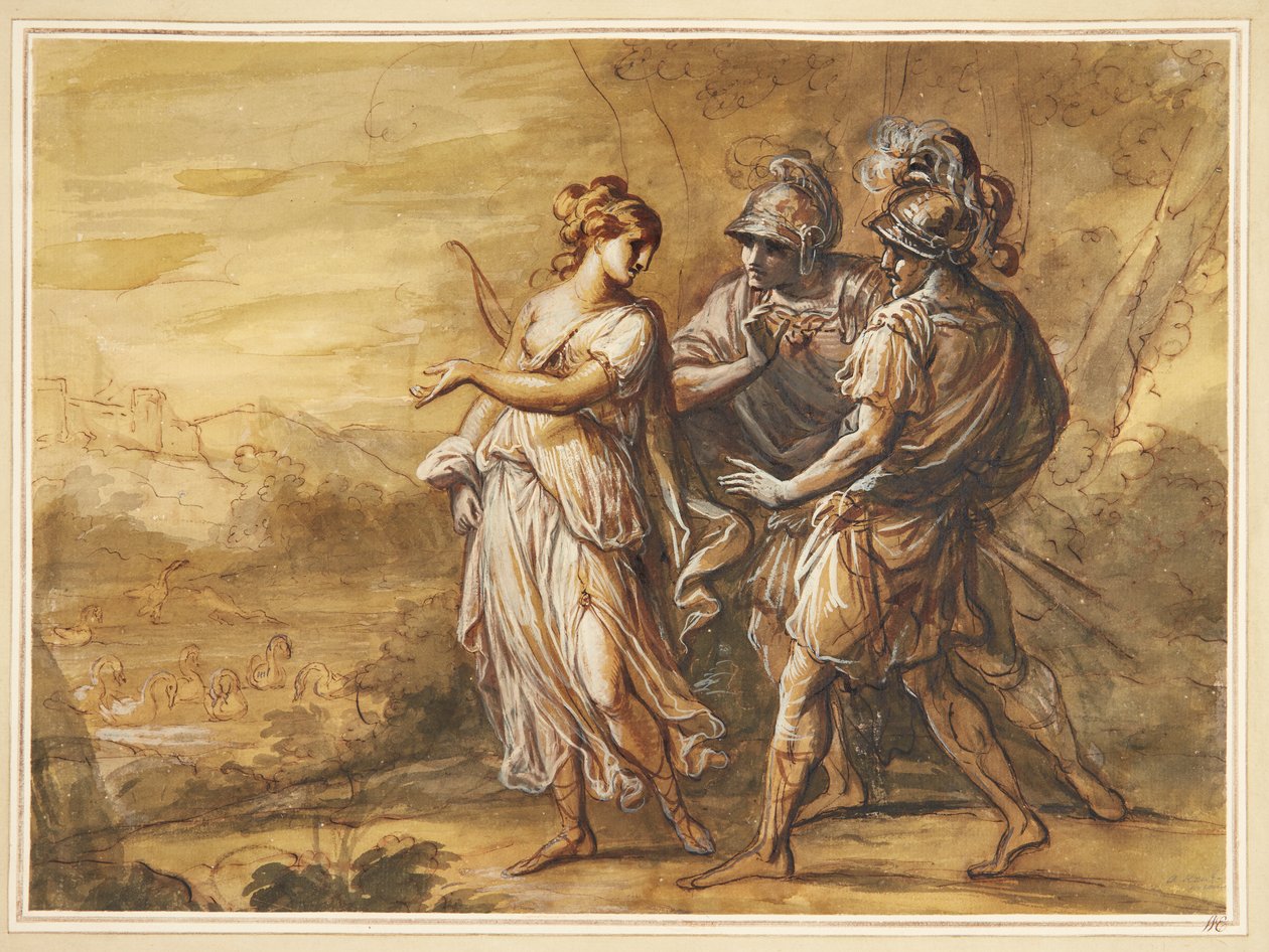 Mitológiai jelenet. Fiatal nő íjjal, szemben két fegyveres férfival alkotó: Angelica Kauffmann