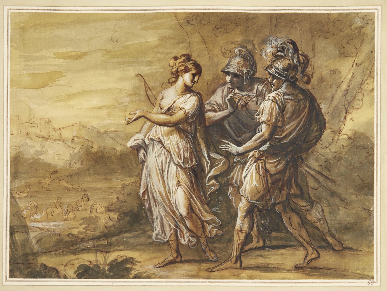 Mitológiai jelenet. Fiatal nő íjjal, szemben két fegyveres férfival alkotó: Angelica Kauffmann