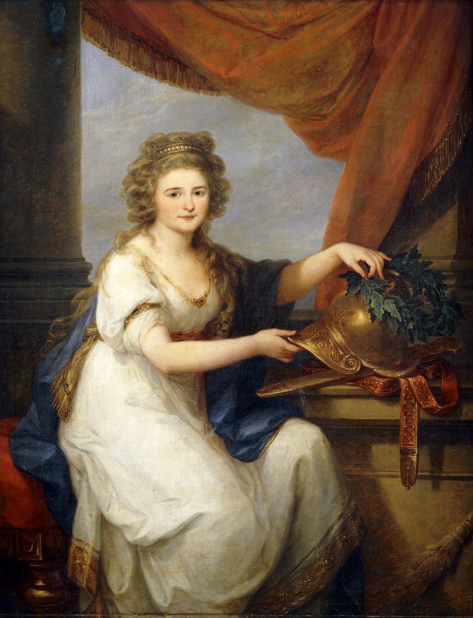 Katalin Skavronska grófnő portréja, ülő háromnegyed hosszúságban, neoklasszikus ruhában, leterített függöny mellett, sisakot díszítve, "Potemkin Taurico" felirattal, koszorúval, 1789 alkotó: Angelica Kauffmann