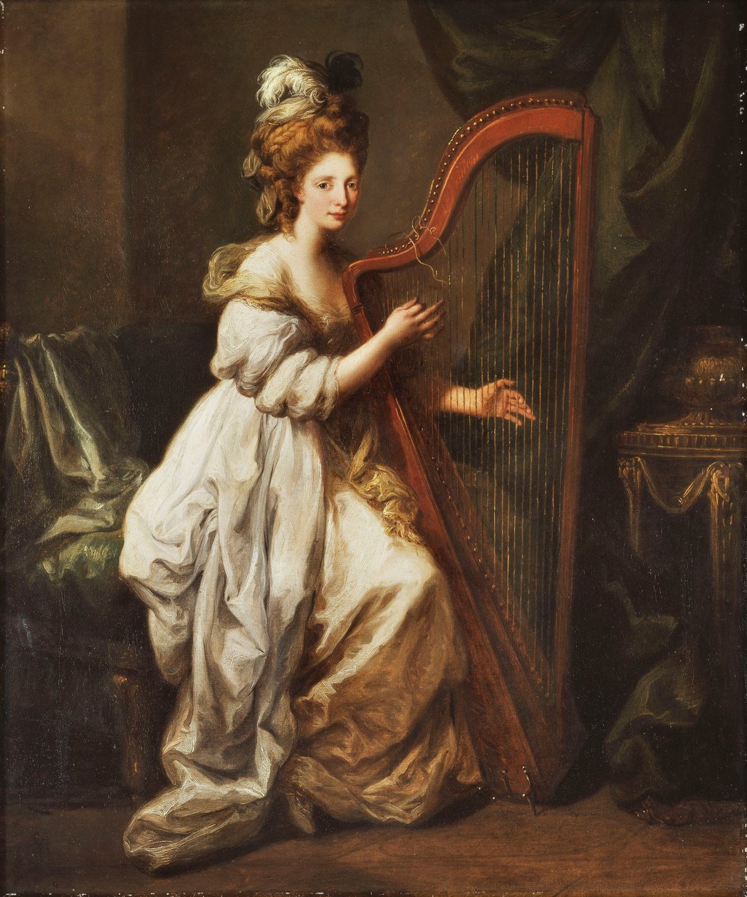 Elizabeth Ewer portréja, teljes alakos, fehér ruhában, sárga kendővel, hárfán játszik egy belső térben, 1768-73 körül alkotó: Angelica Kauffmann