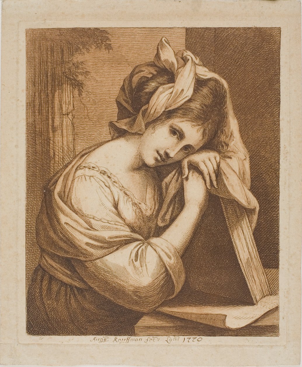 Nő egy könyvön nyugtatja a fejét alkotó: Angelica Kauffmann