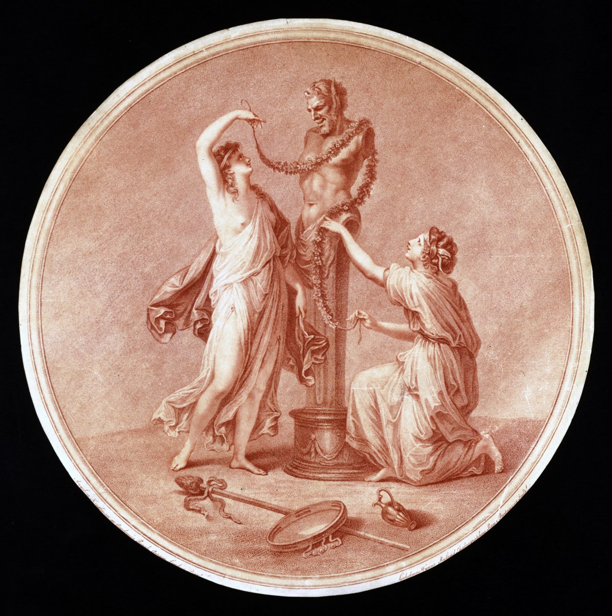 Pán szobrát díszítő nimfák, vésette William Wynne Ryland (1732-83) 1776 (piros foltos metszet) alkotó: Angelica after Kauffmann