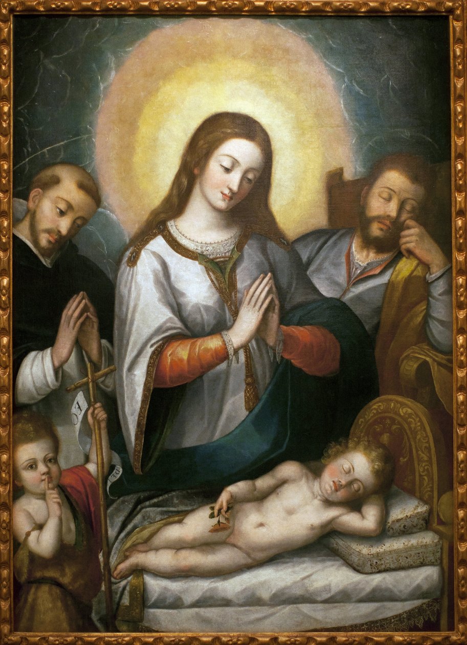 A Szent Család Keresztelő Szent Jánossal és Szent Domonkossal. Angelino Medoro (1576-1633) festménye, olaj, vászon alkotó: Angelino Medoro