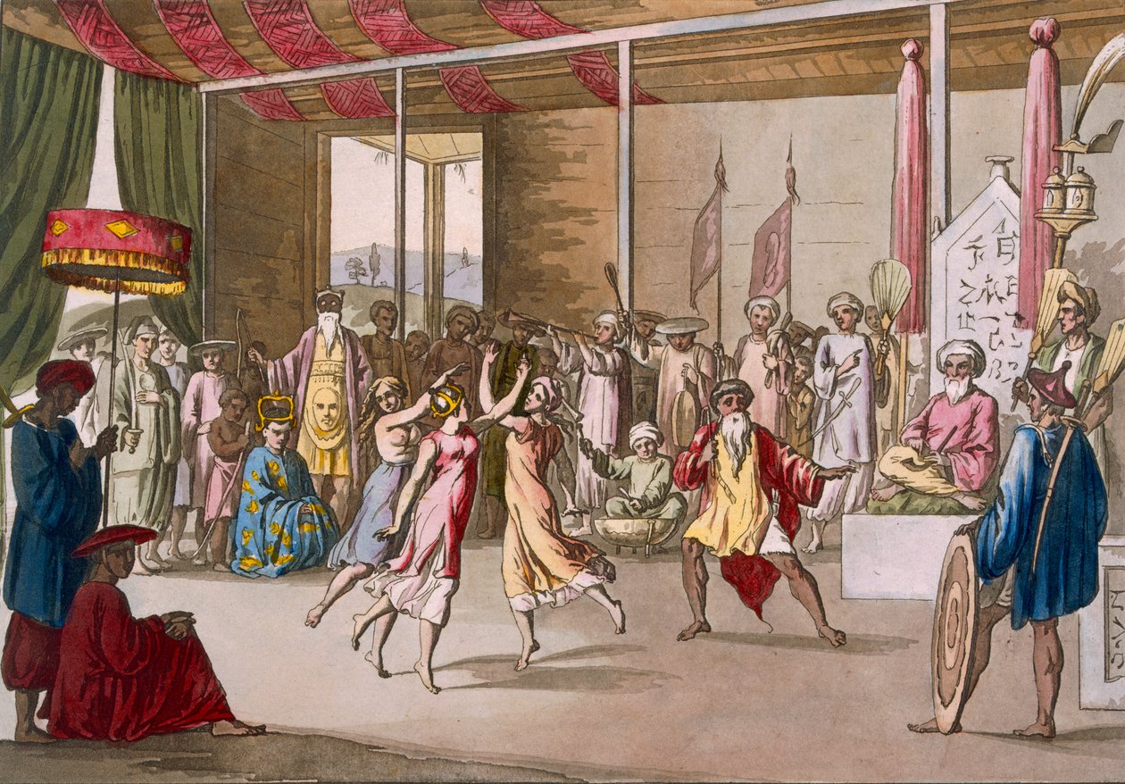 Cochin kínai dráma, Giulio Ferrario Costume dei... című művéből, 1820-30-as évek alkotó: Angelo Monticelli