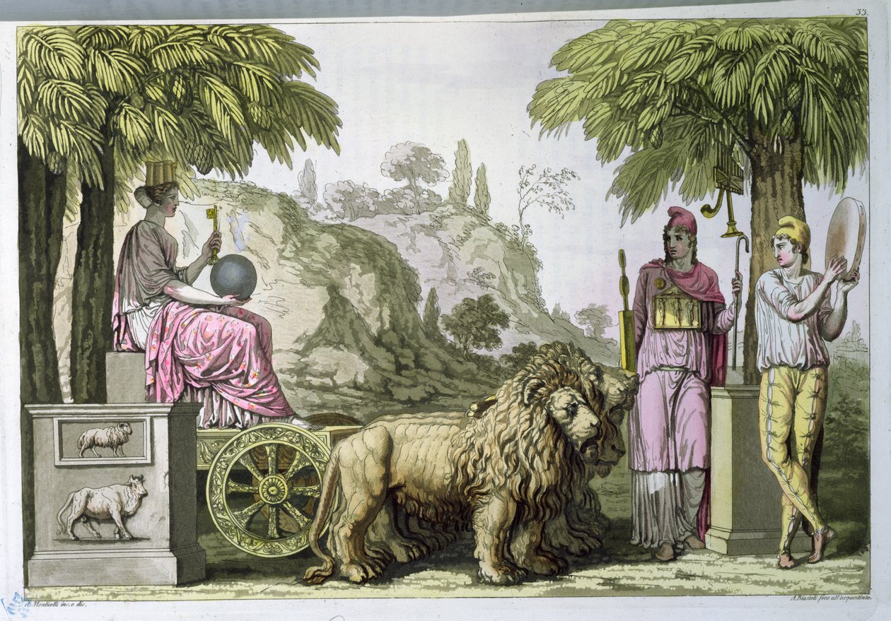 Cybele a szekerén és Attis, Jules Ferrario „Le Costume Ancien ou Moderne” című művéből, A. Biasioli metszet, 1820 körül (akvatinta) alkotó: Angelo Monticelli