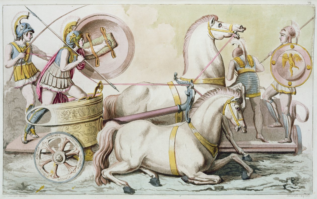 Római kocsivezetők, a „Costumi dei Romani”-ból, D. K. Bonatti metszet, 1810 körül (akvatinta) alkotó: Angelo Monticelli