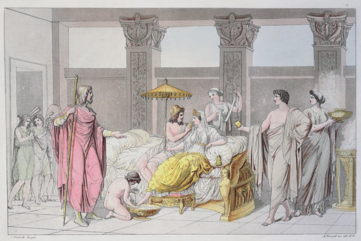 Odüsszeusz és Pénelopé esküvője, illusztráció Jules Ferrario "Le Costume Ancien ou Moderne" című művéből, metszette A. Biasoli, Milánó 1821 (színes metszet). alkotó: Angelo Monticelli