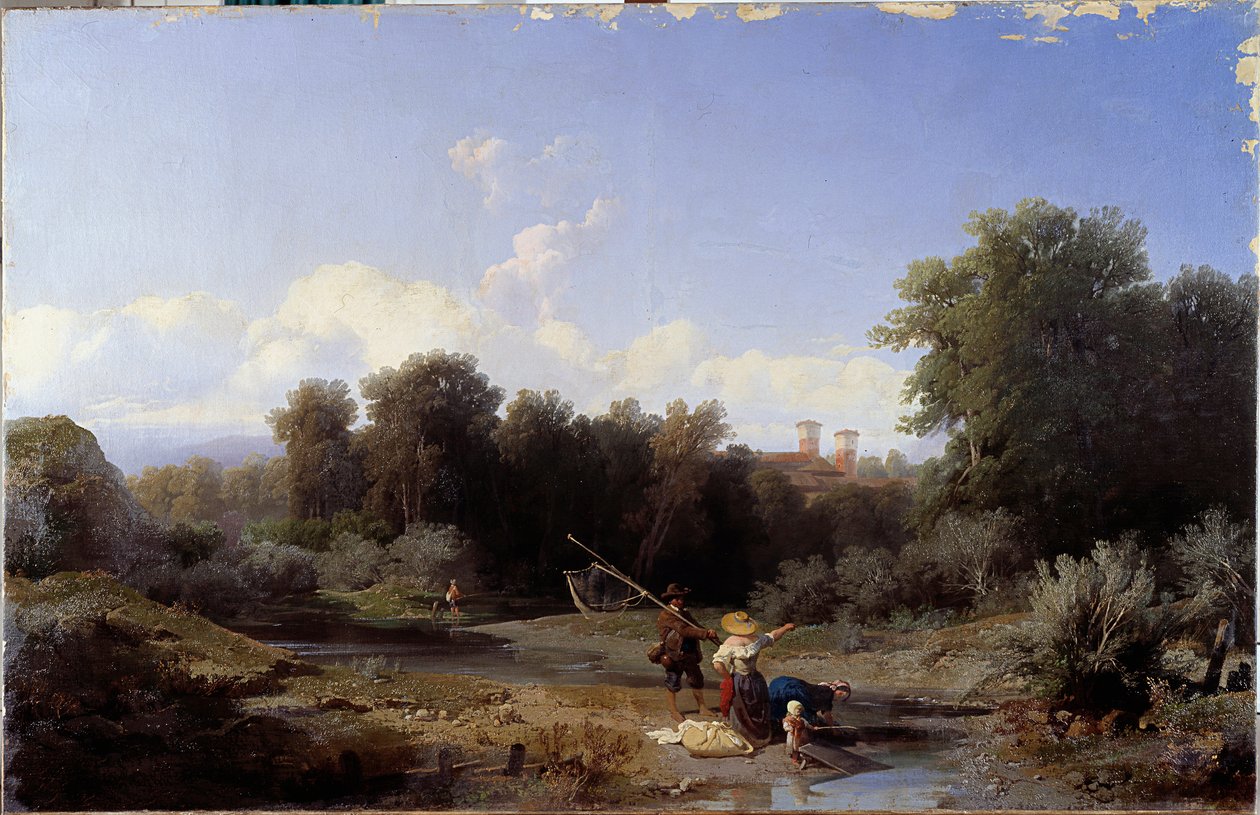 Tájkép avagy „halászat” (Fishing in a River) Angelo Beccaria (1820-1897) festménye 1855 Méret: 94x146 cm Genes, Galleria d
