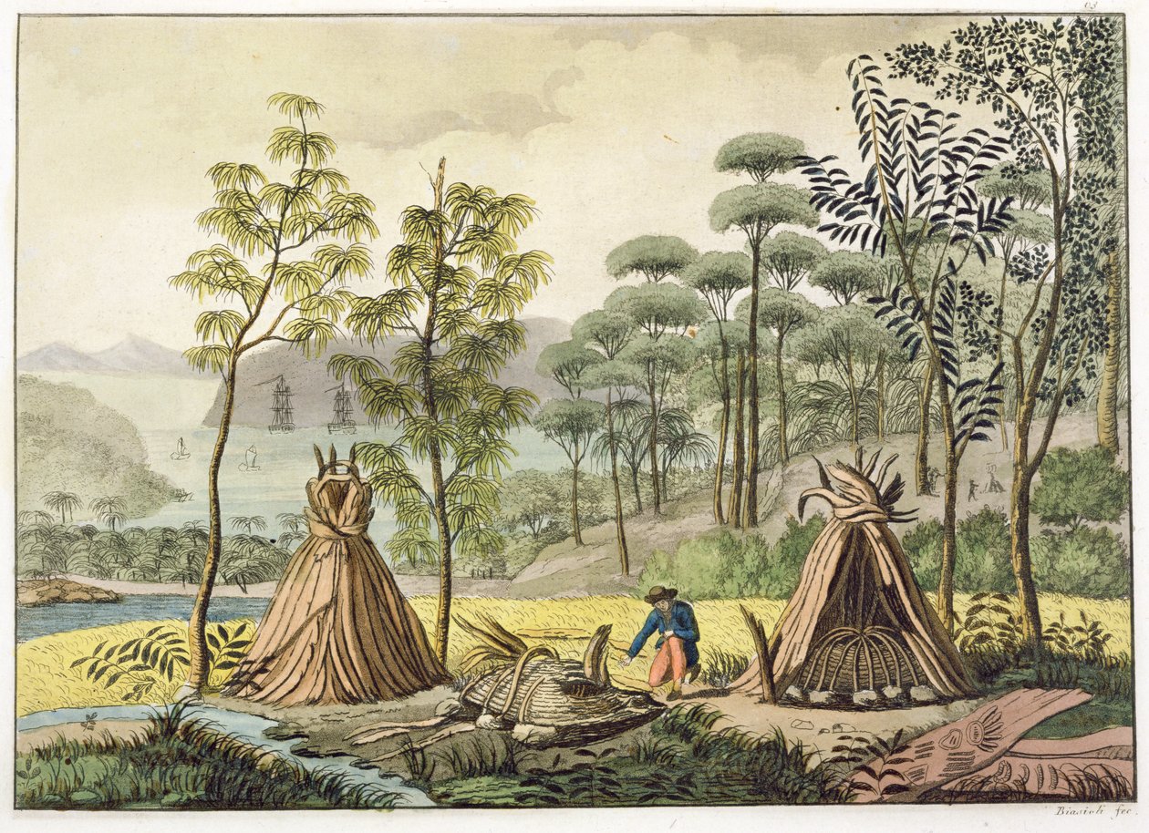 Burial Customs, New Holland, 63. tábla a „Le Costume Ancien et Moderne”-ból, Jules Ferrario, kiadva az 1820-as és 30-as évek körül alkotó: Angelo Biasioli