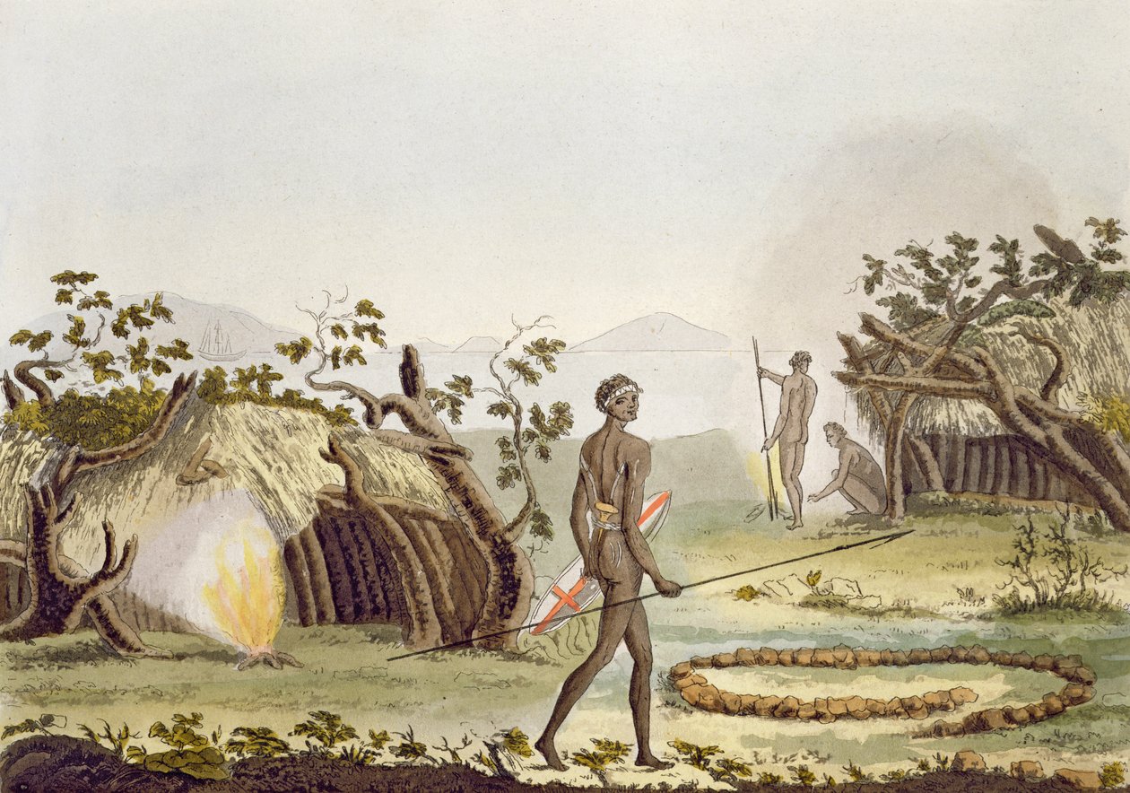 Natív kabin, New Holland, 64. tábla a „Le Costume Ancien et Moderne”-ból, Jules Ferrario, kiadva az 1820-as és 30-as évek körül alkotó: Angelo Biasioli