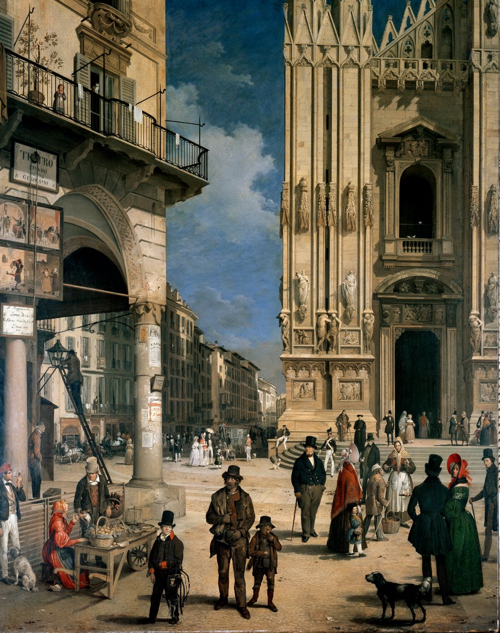 Marche de Figini Milánóban (Piazza del Duomo a Coperto dei Figini sarkával) Részlet alkotó: Angelo Inganni