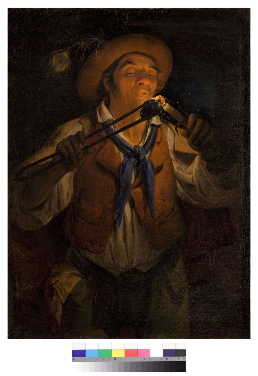 Gyertyát gyújtó paraszt parazssal, 1850 alkotó: Angelo Inganni