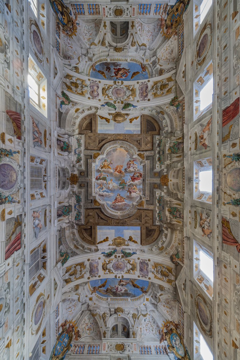 A bolognai negyeddel rendelkező terem mennyezete, Őrség csarnoka, Este hercegi palota, Sassuolo, Olaszország alkotó: Angelo Michele Colonna