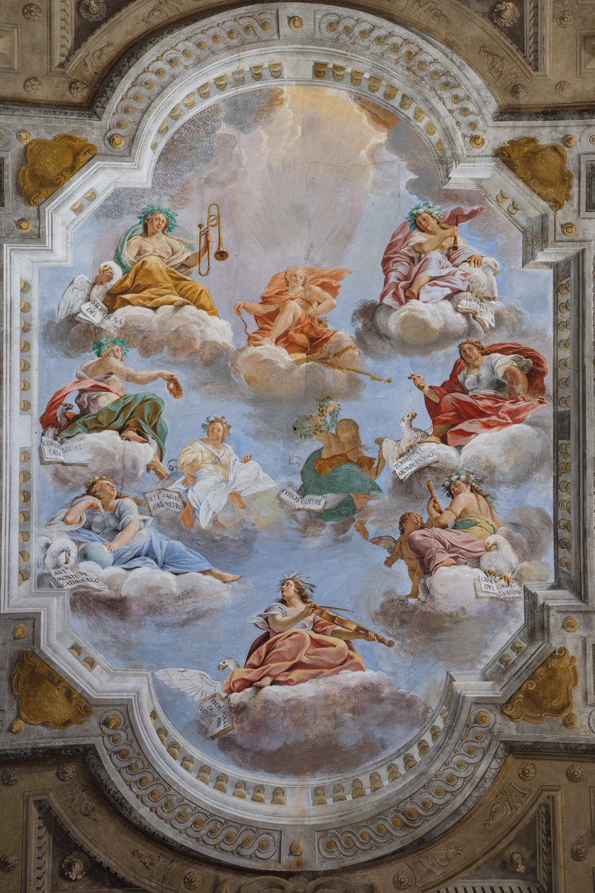 A bolognai negyeddel rendelkező terem mennyezete, Őrség csarnoka, Este hercegi palota, Sassuolo, Olaszország alkotó: Angelo Michele Colonna