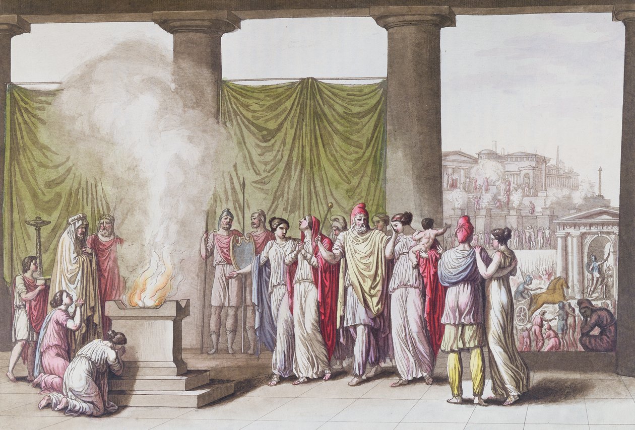 Priam családja Hektor távozása után, Jules Ferrario "Le Costume Ancien ou Moderne" című művéből, A. Biasioli metszet, Milánó 1820 körül (színes metszet) alkotó: Angelo Monticelli