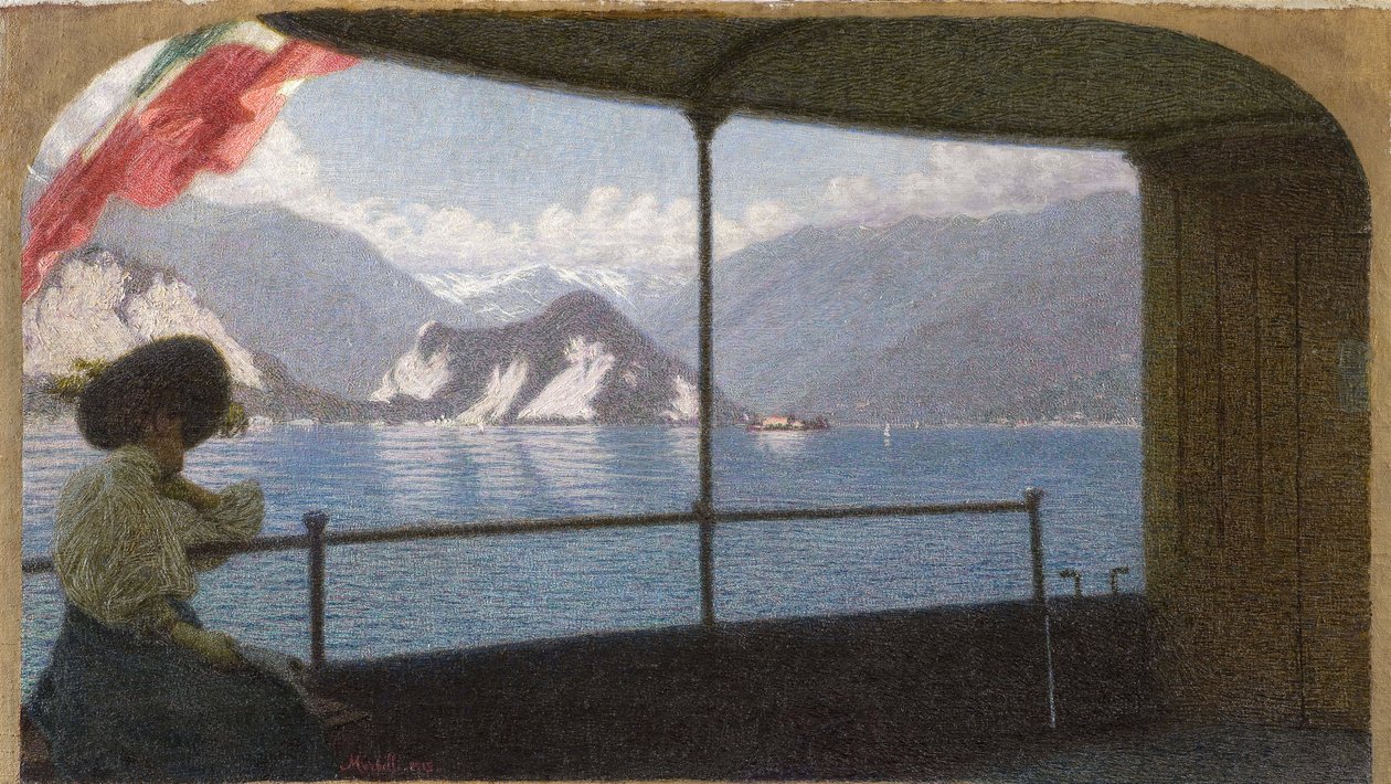 Egy hajó a Maggiore-tavon – Angelo Morbelli (1853-1919). Olajfestmény alkotó: Angelo Morbelli