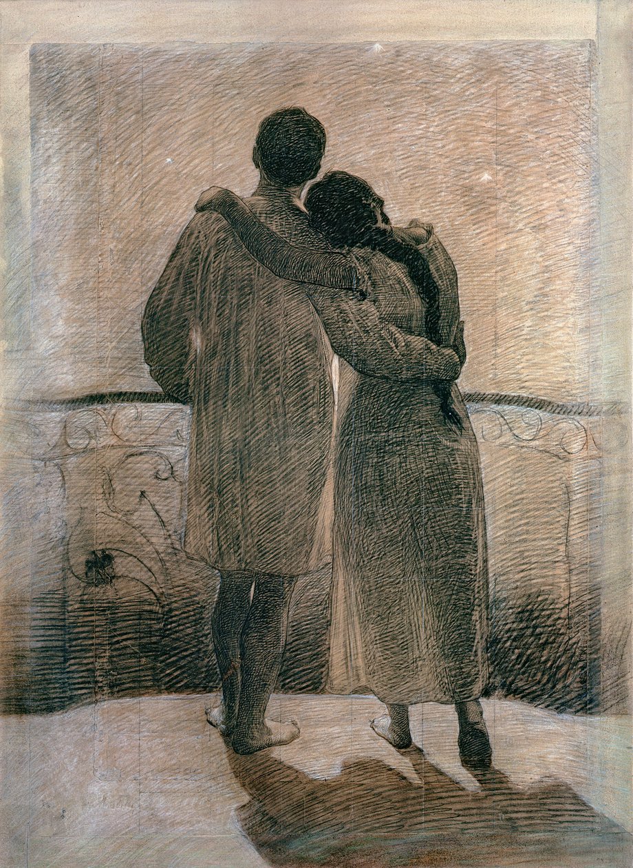 Fiatal pár, központi panel az Álom és Valóság Triptichonból, 1905 (ceruza és szén, papíron) alkotó: Angelo Morbelli