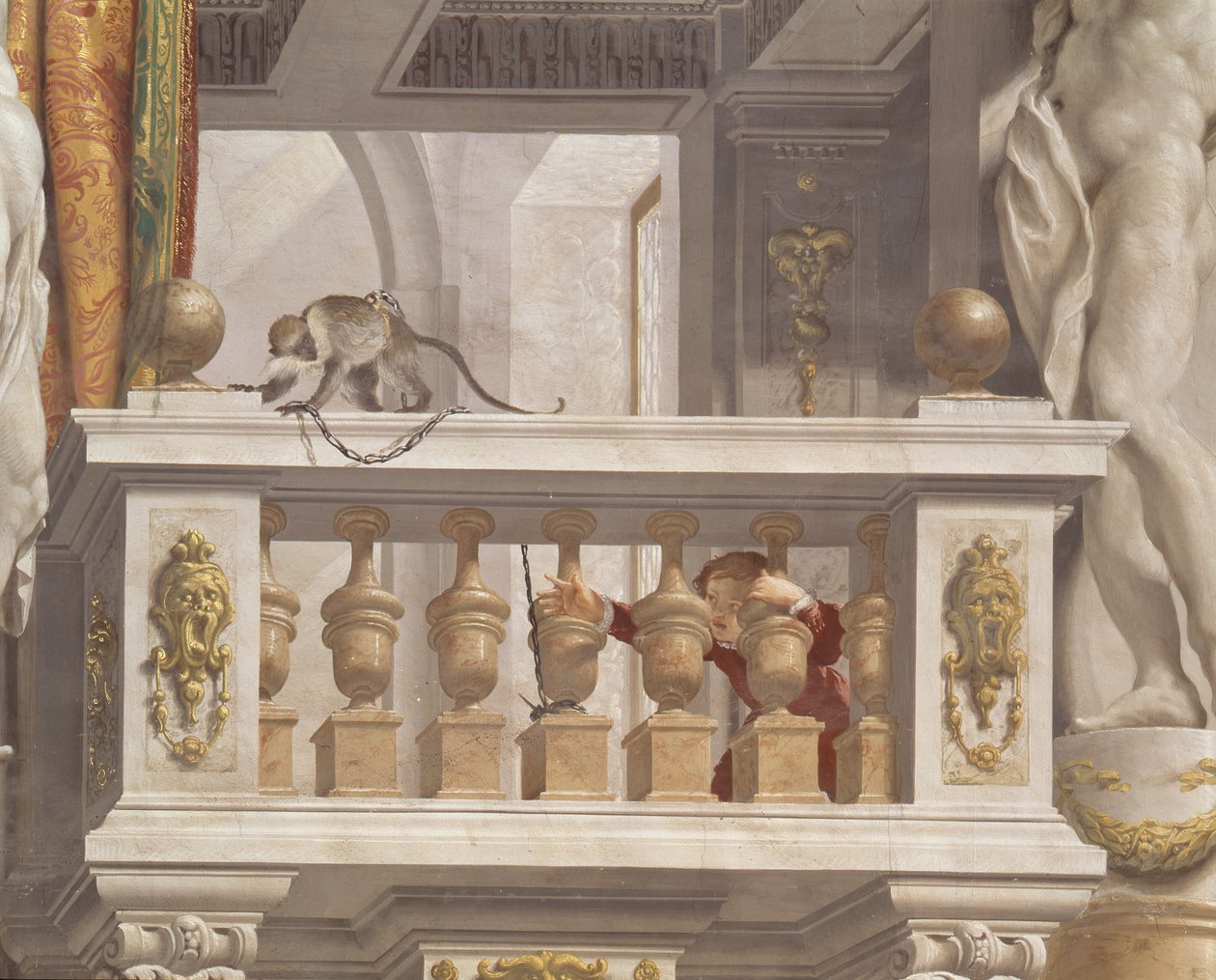 A nagyherceg fogadószobája, mennyezeti részlet, amely majmot és fiatal fiút ábrázol a korláton, 1638-44 alkotó: Angelo and Mitelli Colonna