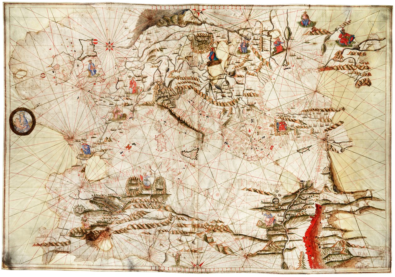 A Földközi-tenger, a Fekete-tenger és az Atlanti-óceán északkeleti része, 1550 körül (pergamen) alkotó: Angelo de Conte Freducci