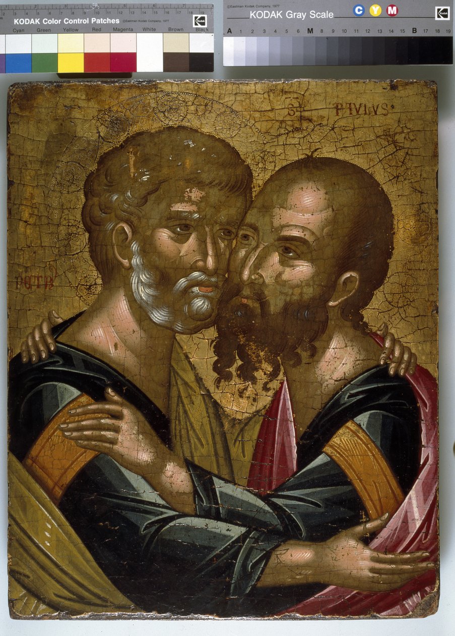 Péter és Pál apostolok ölelésének ikonja (olaj, vászon a táblán) alkotó: Angelos Akotantos