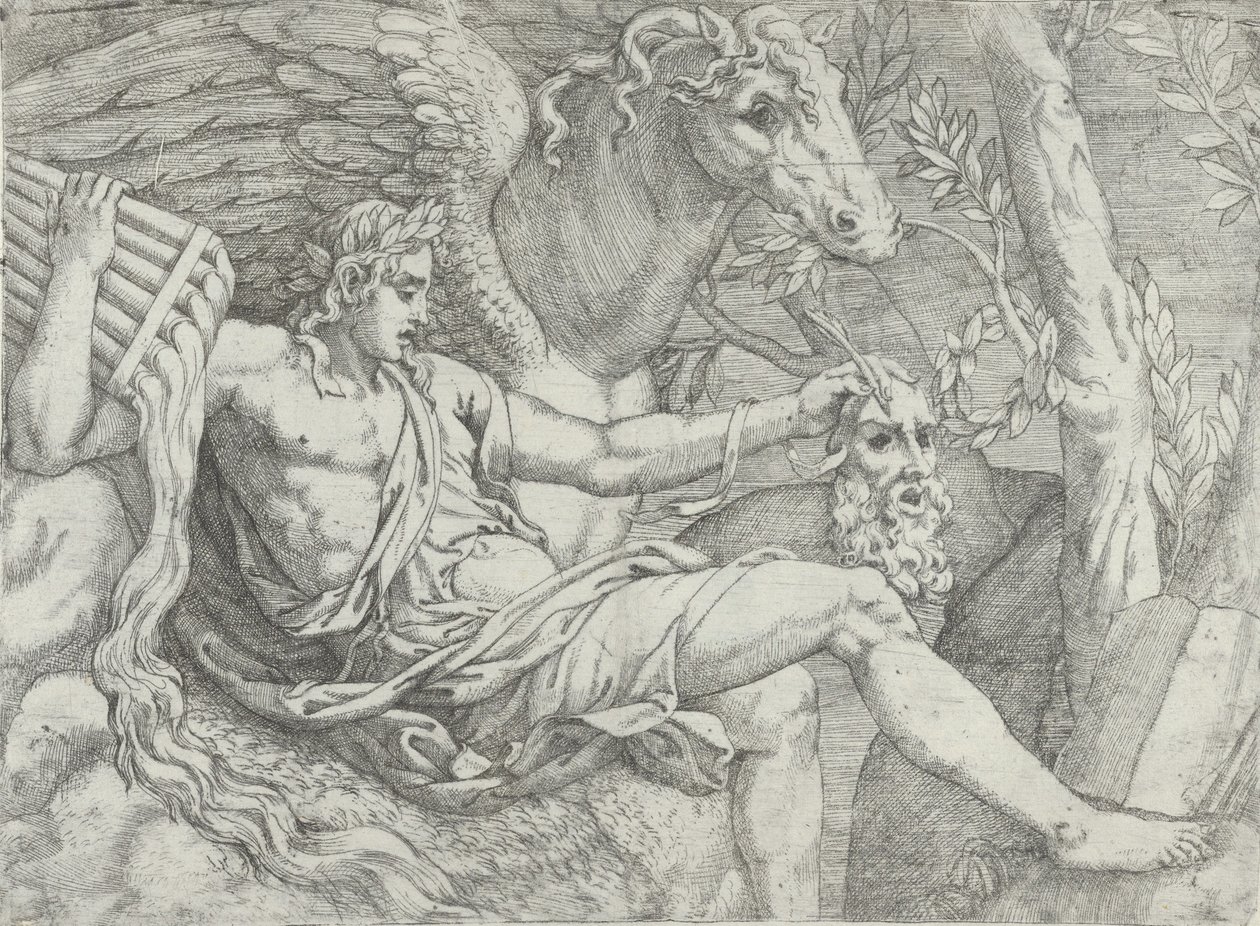 Apollón pipákat tart a jobb kezében Pegazus kíséretében, 1556-60. alkotó: Angiolo Falconetto