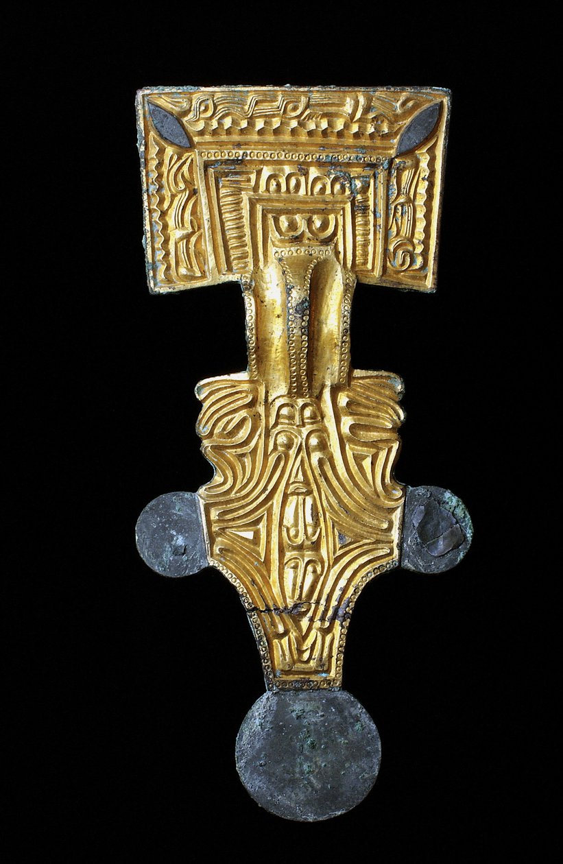 Hosszú, aranyozott bronz négyzetfejű bross (rézötvözet, arany, aranyozott) alkotó: Anglo Saxon