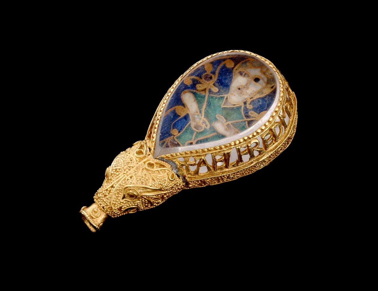 Az Alfred Jewel (arany, hegyikristály és zománc) (oldalnézet) alkotó: Anglo Saxon