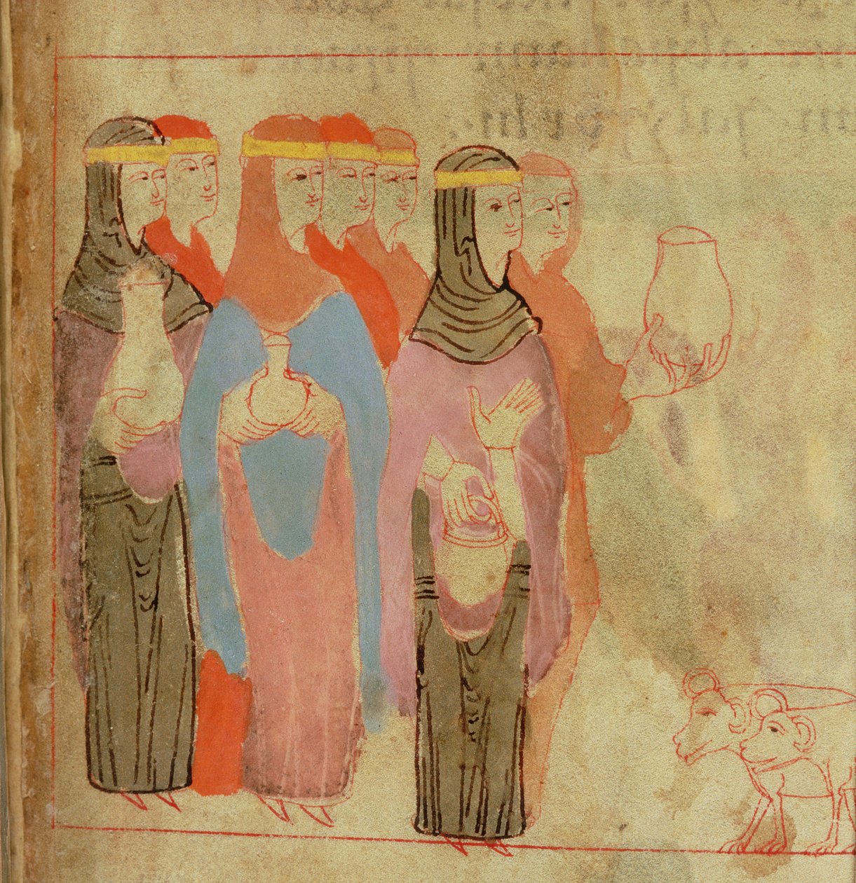 Cott Claud B IV f.76 Arany fejpántot viselő nők, az Aelfric Pentateuchból, St. Augustine
