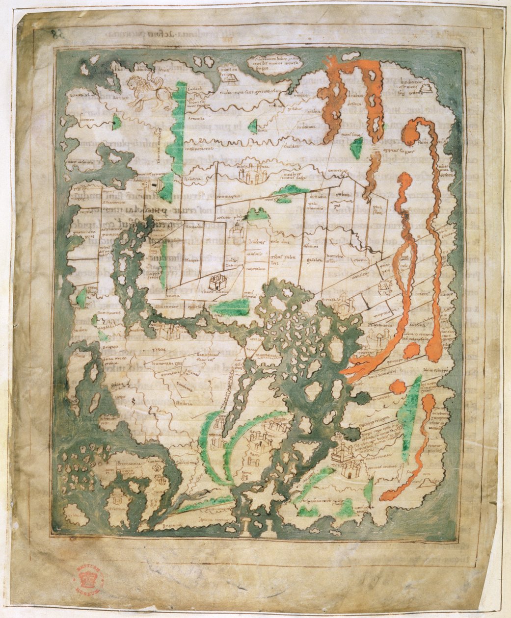 Cott Tib B V 1. rész f.56v Négyszögletű világtérkép, 1030 körül (vellum) alkotó: Anglo Saxon