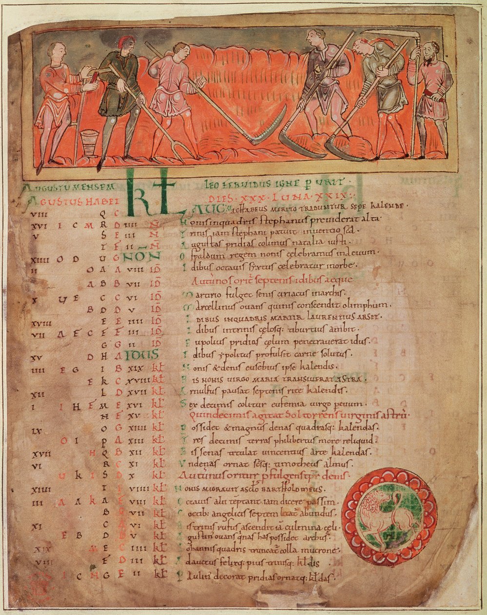 Cott Tib B V f.6v Betakarítás, naptárból, 1030 körül (vellum) (a részleteket lásd: 61654) alkotó: Anglo Saxon