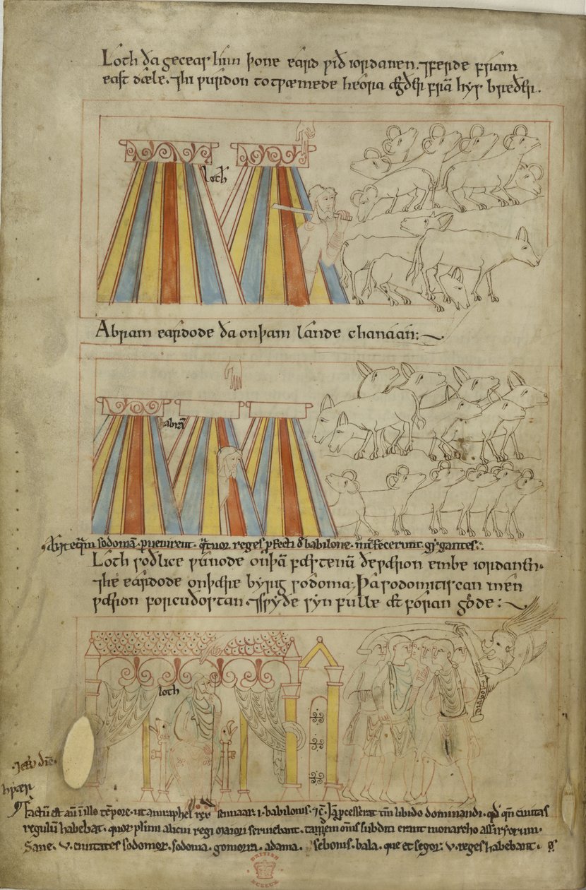 Cotton Claudius B. IV, f.23v Lot és Ábrahám alkotó: Anglo Saxon